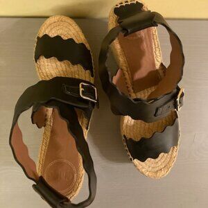 Chloe Black leather platform espadrille sandals, size 41